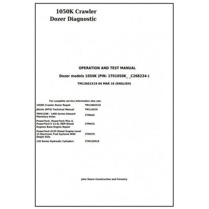 John Deere 1050K Crawler Dozer Pdf Diagnostic, Operation and Tests Service Manual TM13601X19