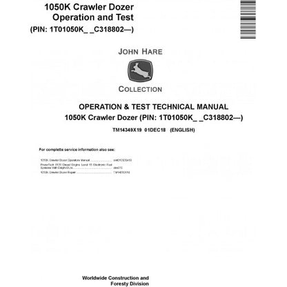 John Deere 1050K Crawler Dozer Pdf Diagnostic, Operation and Tests Service Manual TM14349X19