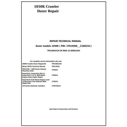 John Deere 1050K Crawler Dozer Pdf Technical Repair Service Manual TM13602X19