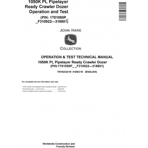 John Deere 1050K PL Pipelayer Ready Crawler Dozer Pdf Diagnostic Technical Service Manual TM14232X19