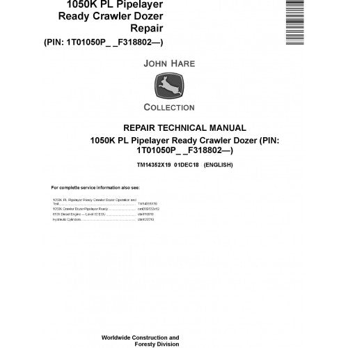 John Deere 1050K PL Pipelayer Ready Crawler Dozer Pdf Technical Repair Service Manual TM14352X19