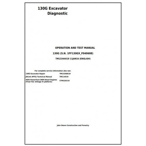 John Deere 130G Excavator Pdf Diagnostic, Operation and Tests Service Manual TM13344X19