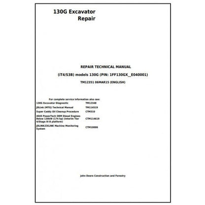 John Deere 130G Excavator Pdf Technical Repair Service Manual TM12351