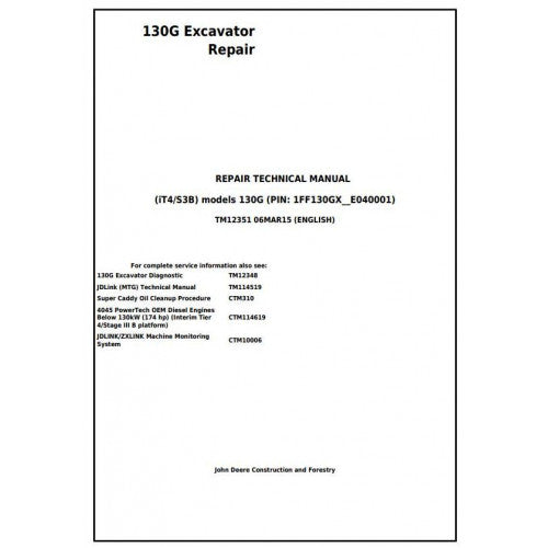 John Deere 130G Excavator Pdf Technical Repair Service Manual TM12351