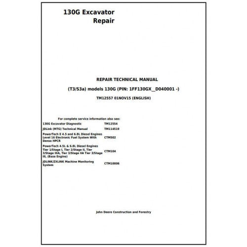 John Deere 130G Excavator Pdf Technical Repair Service Manual TM12557