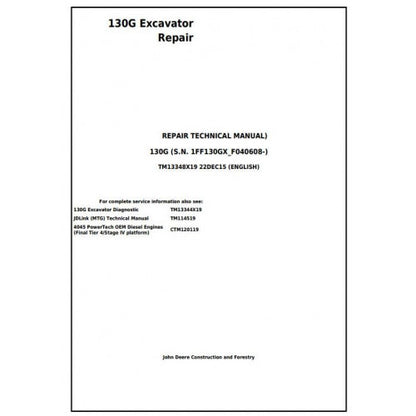 John Deere 130G Excavator Pdf Technical Repair Service Manual TM13348X19