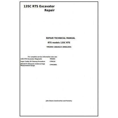 John Deere 135C RTS Excavator Pdf Technical Repair Service Manual TM2094
