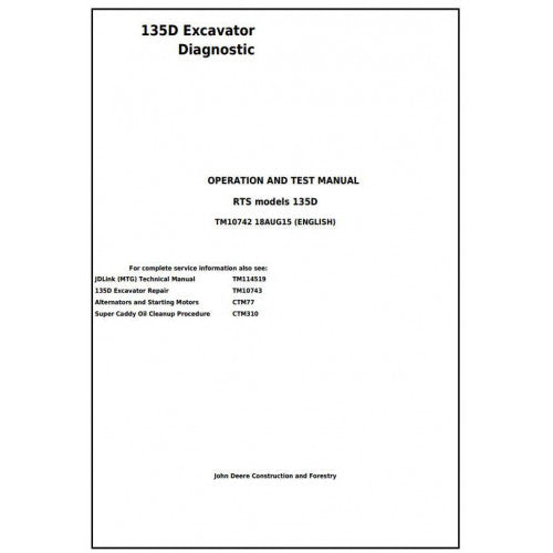 John Deere 135D RTS Excavator Pdf Diagnostic, Operation and Tests Service Manual TM10742
