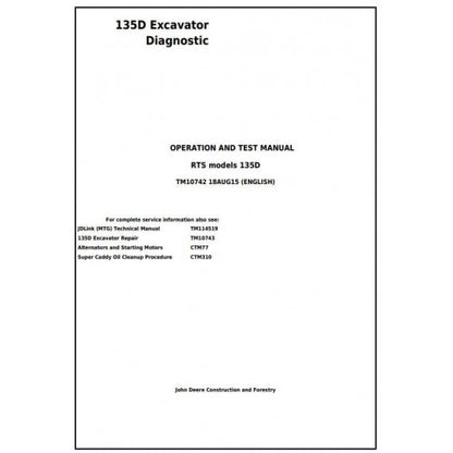 John Deere 135D RTS Excavator Pdf Diagnostic, Operation and Tests Service Manual TM10742