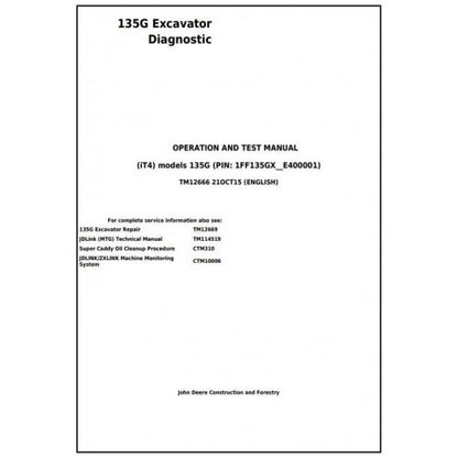 John Deere 135G (iT4) Excavator Pdf Diagnostic, Operation and Tests Service Manual TM12666