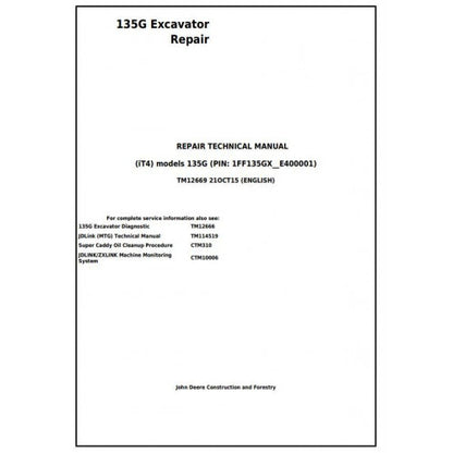 John Deere 135G (iT4) Excavator Pdf Technical Repair Service Manual TM12669