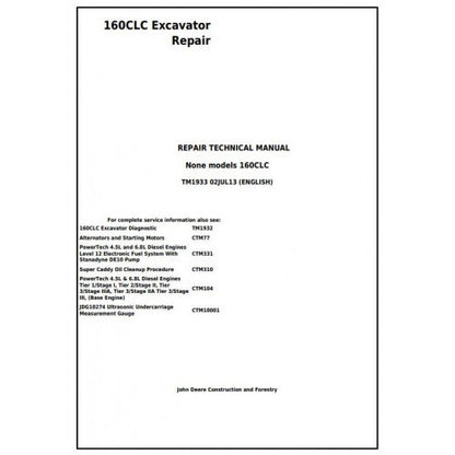 John Deere 160CLC Excavator Pdf Technical Repair Service Manual TM1933