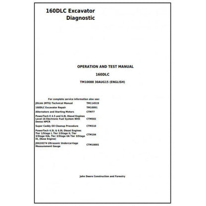 John Deere 160DLC Excavator Pdf Diagnostic, Operation and Tests Service Manual TM10088