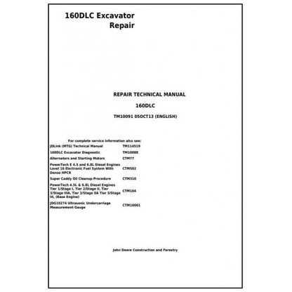 John Deere 160DLC Excavator Pdf Technical Repair Service Manual TM10091