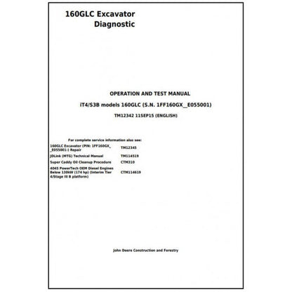 John Deere 160GLC Excavator Pdf Diagnostic, Operation and Tests Service Manual TM12342