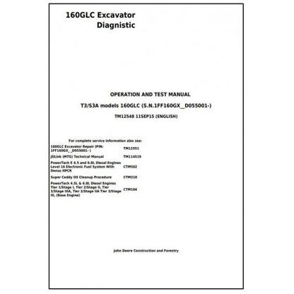 John Deere 160GLC Excavator Pdf Diagnostic, Operation and Tests Service Manual TM12548