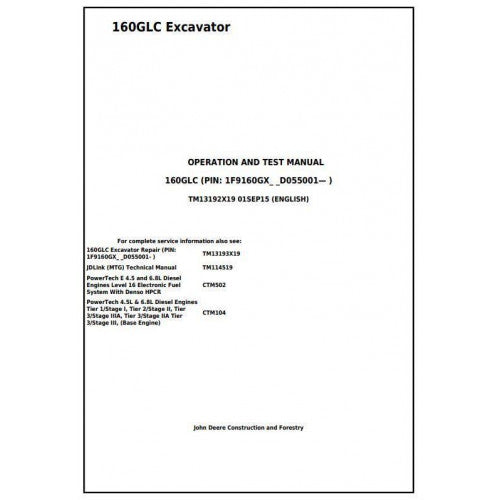 John Deere 160GLC Excavator Pdf Diagnostic, Operation and Tests Service Manual TM13192X19