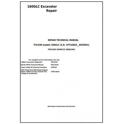 John Deere 160GLC Excavator Pdf Technical Repair Service Manual TM12345