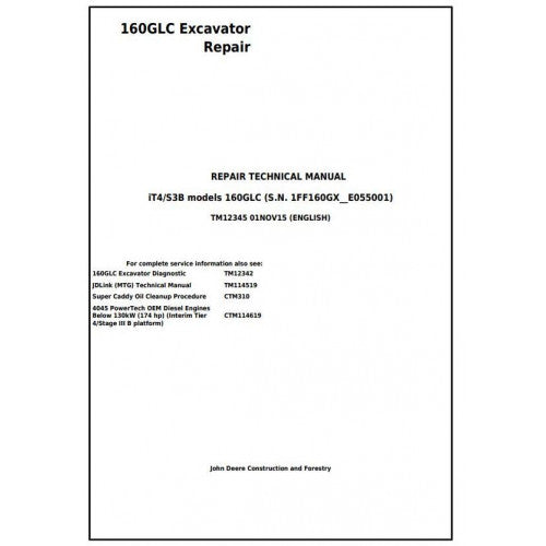 John Deere 160GLC Excavator Pdf Technical Repair Service Manual TM12345