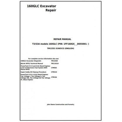 John Deere 160GLC Excavator Pdf Technical Repair Service Manual TM12551