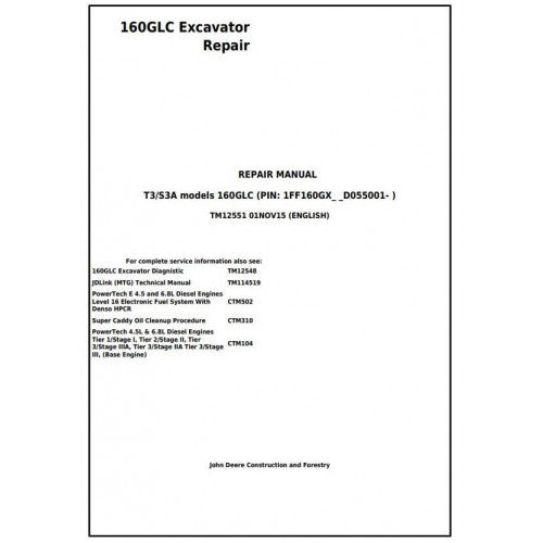 John Deere 160GLC Excavator Pdf Technical Repair Service Manual TM12551