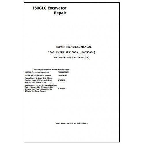 John Deere 160GLC Excavator Pdf Technical Repair Service Manual TM13193X19