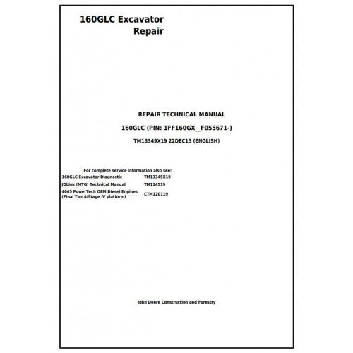 John Deere 160GLC Excavator Pdf Technical Repair Service Manual TM13349X19