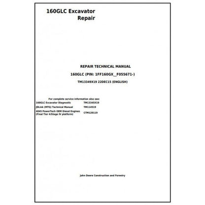 John Deere 160GLC Excavator Pdf Technical Repair Service Manual TM13349X19
