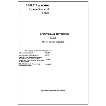 John Deere 160LC Excavator Pdf Diagnostic, Operation and Tests Service Manual TM1661