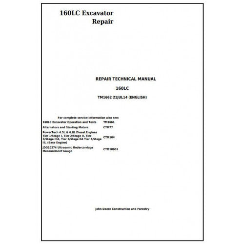 John Deere 160LC Excavator Pdf Technical Repair Service Manual TM1662