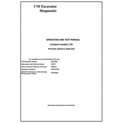 John Deere 17D Compact Excavator Pdf Diagnostic, Operation and Tests Service Manual TM10258