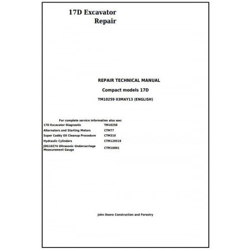 John Deere 17D Compact Excavator Pdf Technical Repair Service Manual TM10259