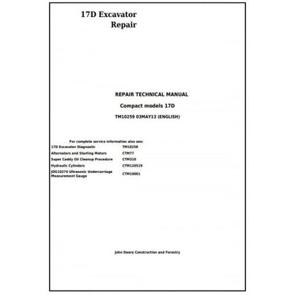 John Deere 17D Compact Excavator Pdf Technical Repair Service Manual TM10259