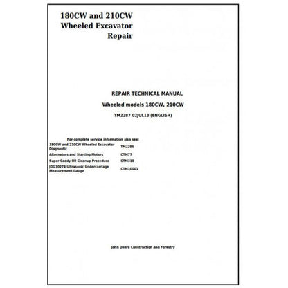 John Deere 180CW and 210CW Wheeled Excavator Pdf Technical Repair Service Manual TM2287