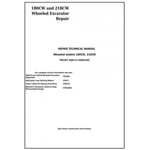 John Deere 180CW and 210CW Wheeled Excavator Pdf Technical Repair Service Manual TM2287