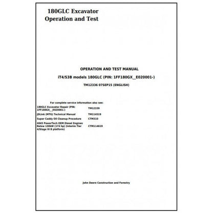 John Deere 180GLC Excavator Pdf Diagnostic, Operation and Tests Service Manual TM12336