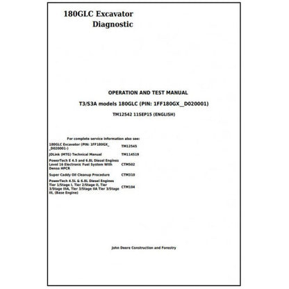 John Deere 180GLC Excavator Pdf Diagnostic, Operation and Tests Service Manual TM12542