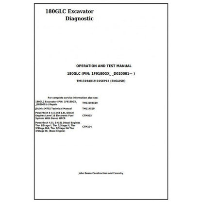 John Deere 180GLC Excavator Pdf Diagnostic, Operation and Tests Service Manual TM13194X19