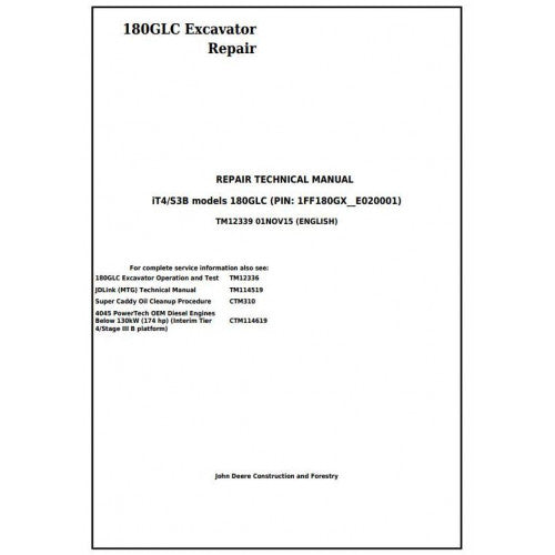 John Deere 180GLC Excavator Pdf Technical Repair Service Manual TM12339