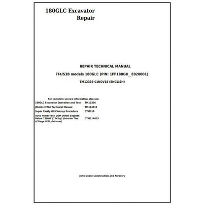 John Deere 180GLC Excavator Pdf Technical Repair Service Manual TM12339