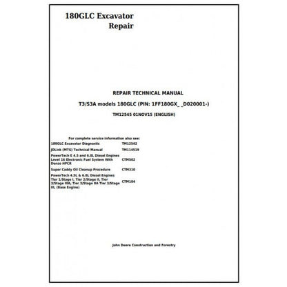 John Deere 180GLC Excavator Pdf Technical Repair Service Manual TM12545