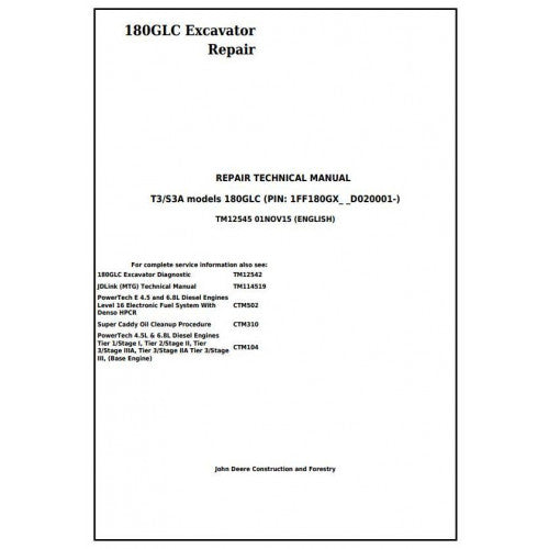 John Deere 180GLC Excavator Pdf Technical Repair Service Manual TM12545