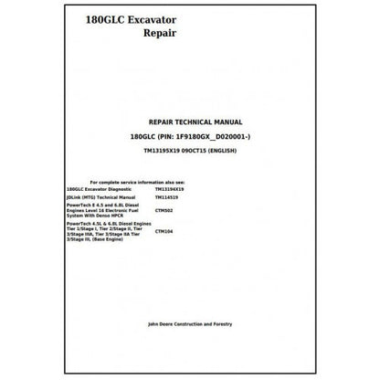John Deere 180GLC Excavator Pdf Technical Repair Service Manual TM13195X19