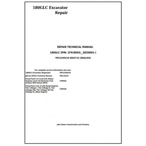 John Deere 180GLC Excavator Pdf Technical Repair Service Manual TM13195X19