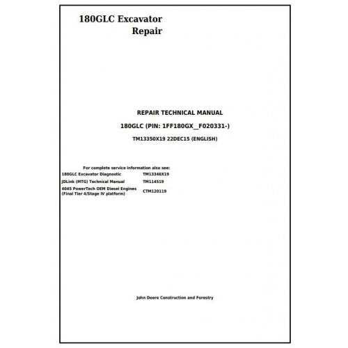 John Deere 180GLC Excavator Pdf Technical Repair Service Manual TM13350X19