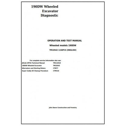 John Deere 190DW Wheeled Excavator Pdf Diagnostic, Operation and Tests Service Manual TM10542