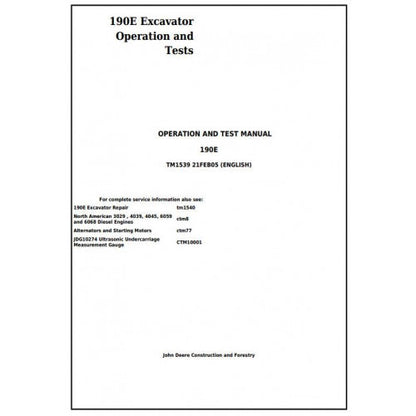 John Deere 190E Excavator Pdf Diagnostic, Operation and Tests Service Manual TM1539
