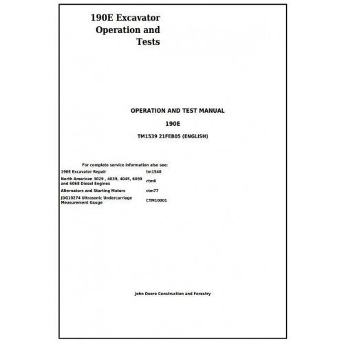 John Deere 190E Excavator Pdf Diagnostic, Operation and Tests Service Manual TM1539