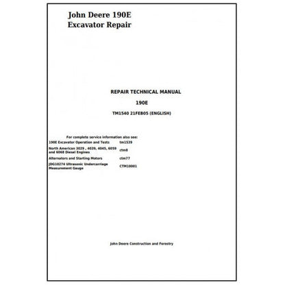 John Deere 190E Excavator Pdf Technical Repair Service Manual TM1540