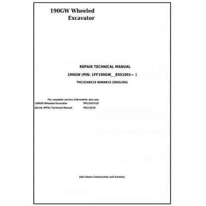 John Deere 190GW Wheeled Excavator Pdf Technical Repair Service Manual TM13248X19